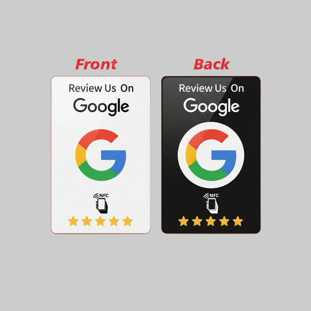 A review tap card product graphic showing front and back designs. The top text reads 'Review Tap Card.