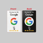 A review tap card product graphic showing front and back designs. The top text reads 'Review Tap Card.