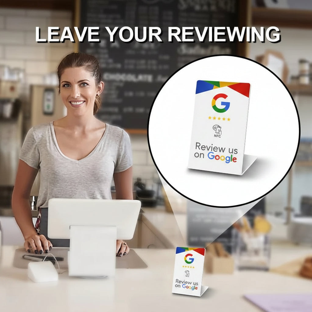 Woman at a desk with a kassa, smiling, and a Google review card inset.