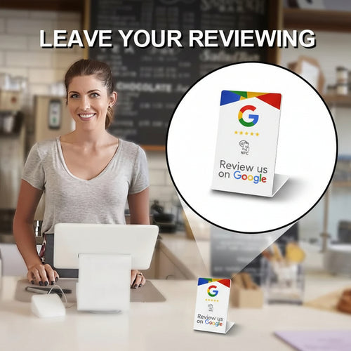 Woman at a desk with a kassa, smiling, and a Google review card inset.