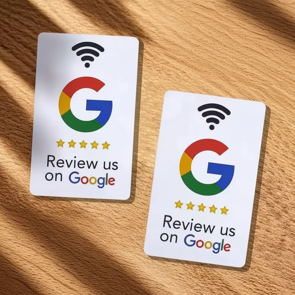 Two white Google review cards with the Google G logo and the text 'Review us on Google' are arranged on a wooden surface with white and yellow flowers around them.