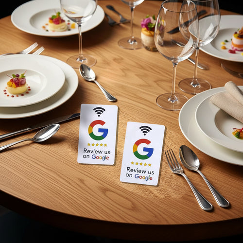 Two white Google review cards with the Google G logo and the text 'Review us on Google' are arranged on a wooden surface with white and yellow flowers around them.